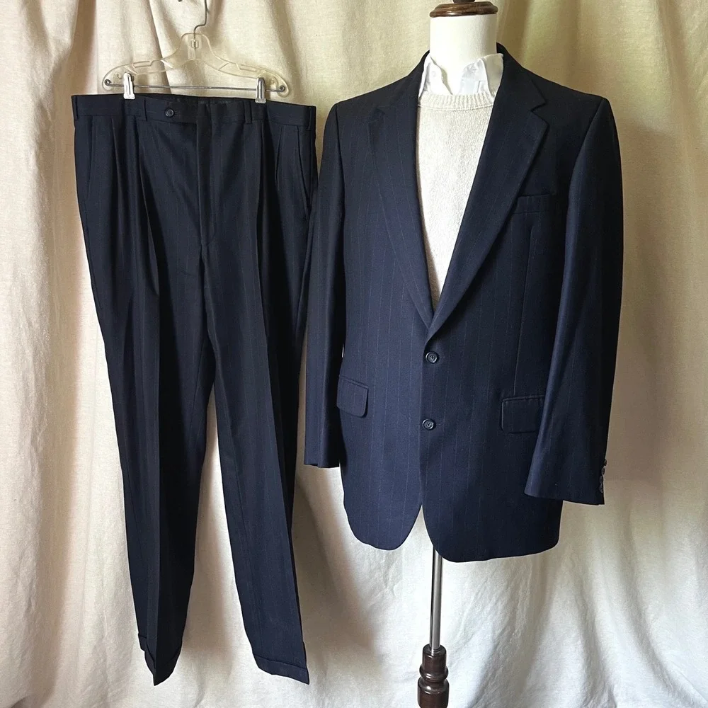 Vintage Burberrys Navy‎ Pinstripe Wool Suit 44L Two Piece Set Made USA